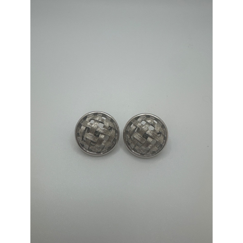 Vintage Crown Trifari Woven Dome Clip On Earrings Silver Tone Textured Round